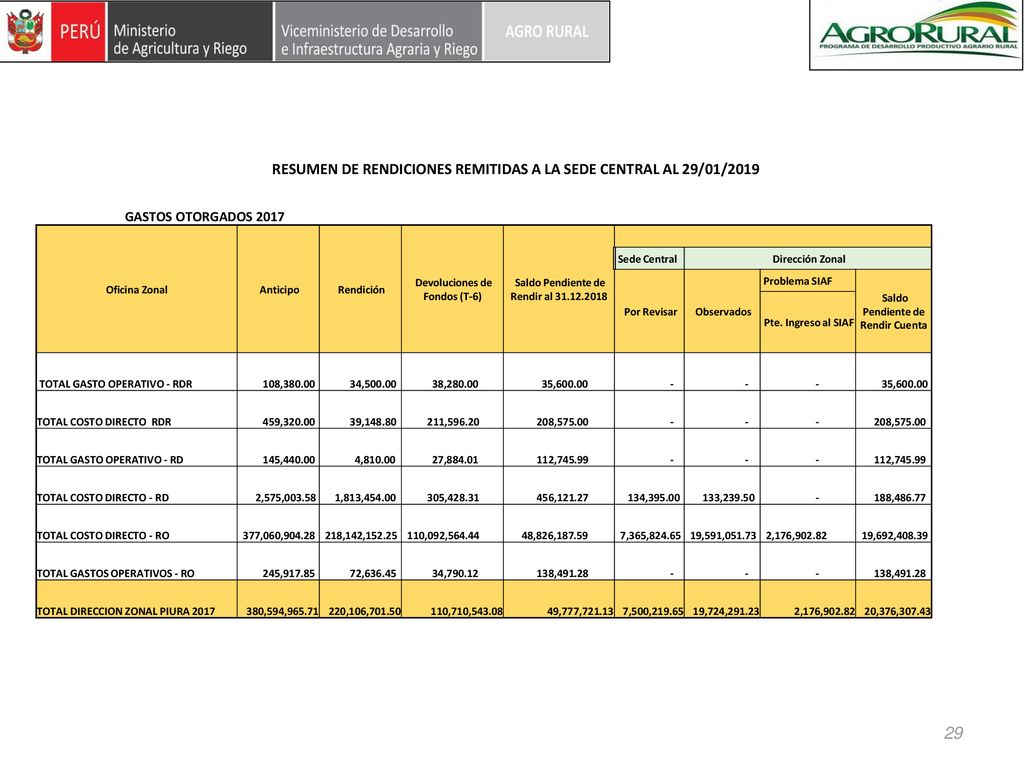 RESUMEN DE RENDICIONES REMITIDAS A LA SEDE CENTRAL AL 29/01/2019