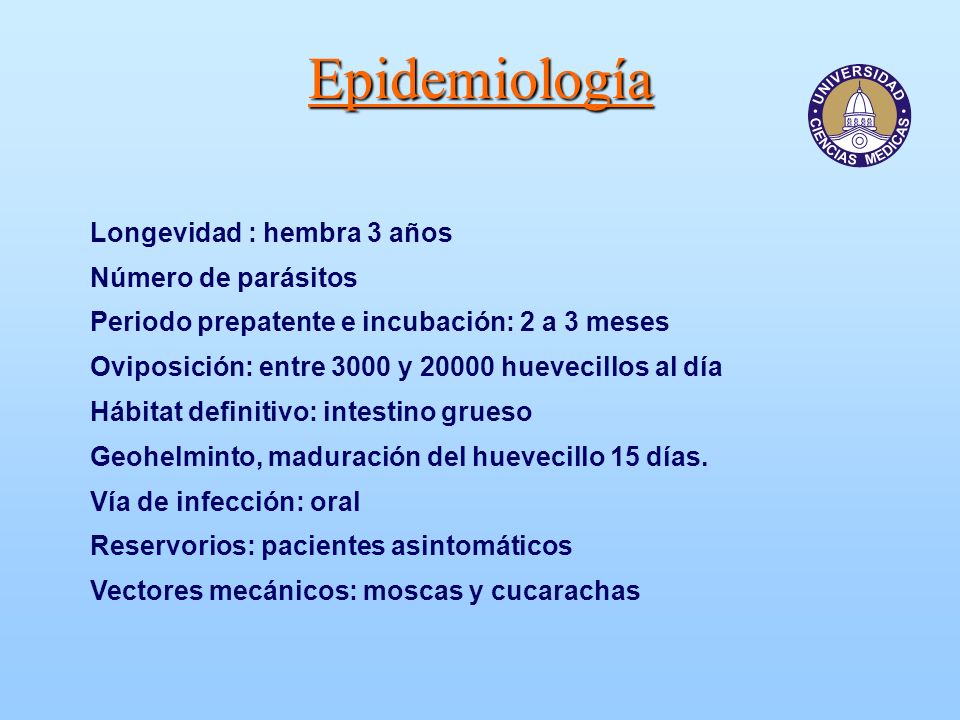 Epidemiología Longevidad : hembra 3 años Número de parásitos
