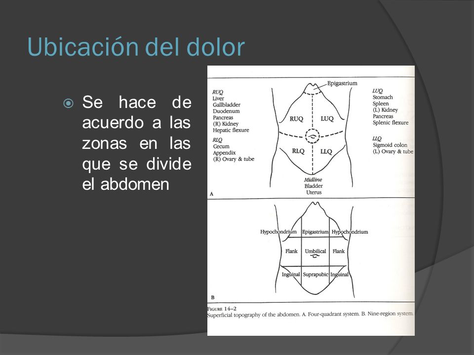 Ubicación del dolor Se hace de acuerdo a las zonas en las que se divide el abdomen