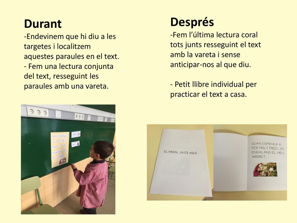 Durant Endevinem que hi diu a les targetes i localitzem aquestes paraules en el text.