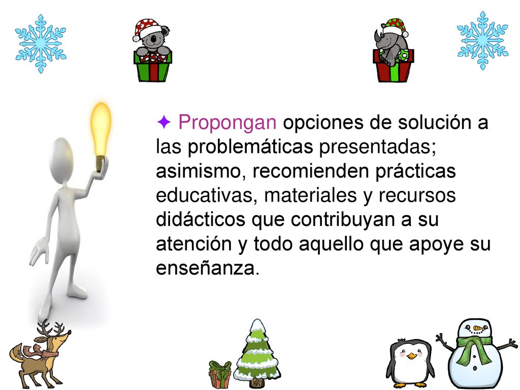✦ Propongan opciones de solución a las problemáticas presentadas; asimismo, recomienden prácticas educativas, materiales y recursos didácticos que contribuyan a su atención y todo aquello que apoye su enseñanza.
