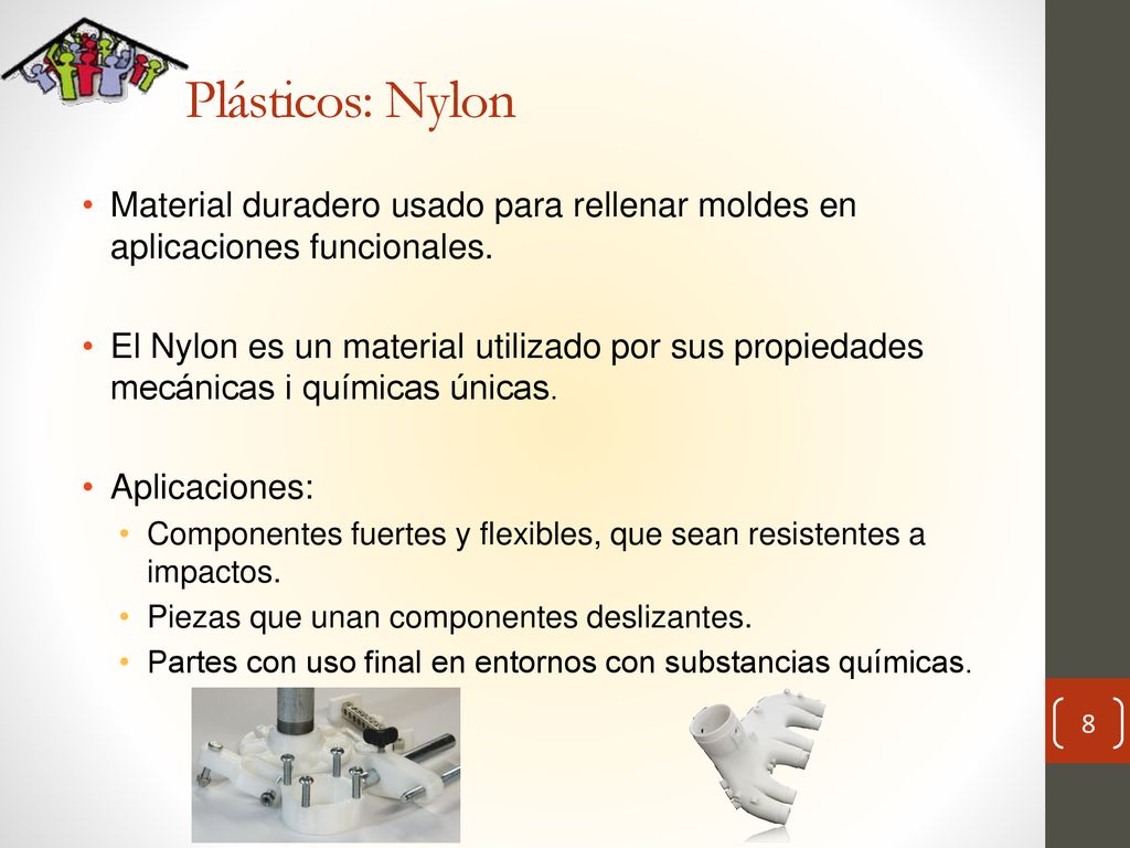 Plásticos: Nylon Material duradero usado para rellenar moldes en aplicaciones funcionales.