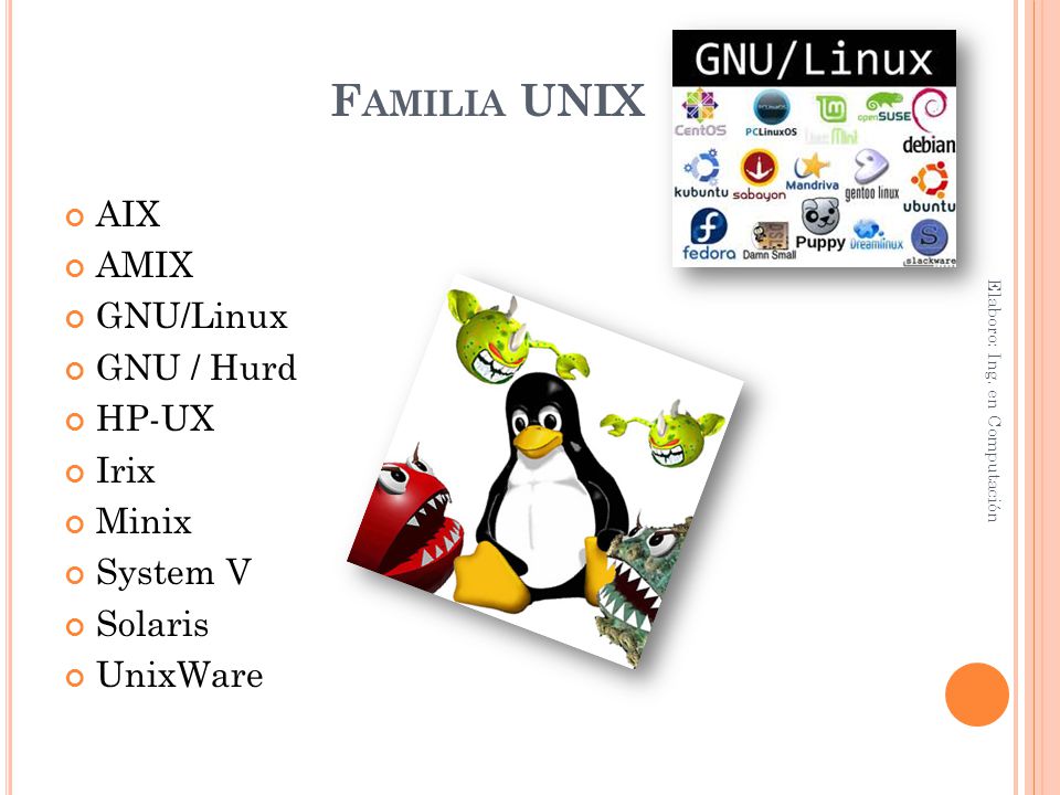 Familia UNIX AIX AMIX GNU/Linux GNU / Hurd HP-UX Irix Minix System V