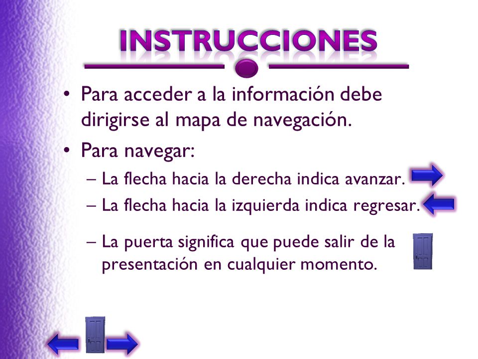instrucciones Para acceder a la información debe dirigirse al mapa de navegación. Para navegar: La flecha hacia la derecha indica avanzar.