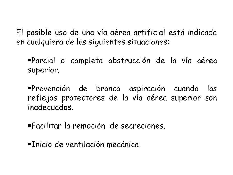 El posible uso de una vía aérea artificial está indicada en cualquiera de las siguientes situaciones: