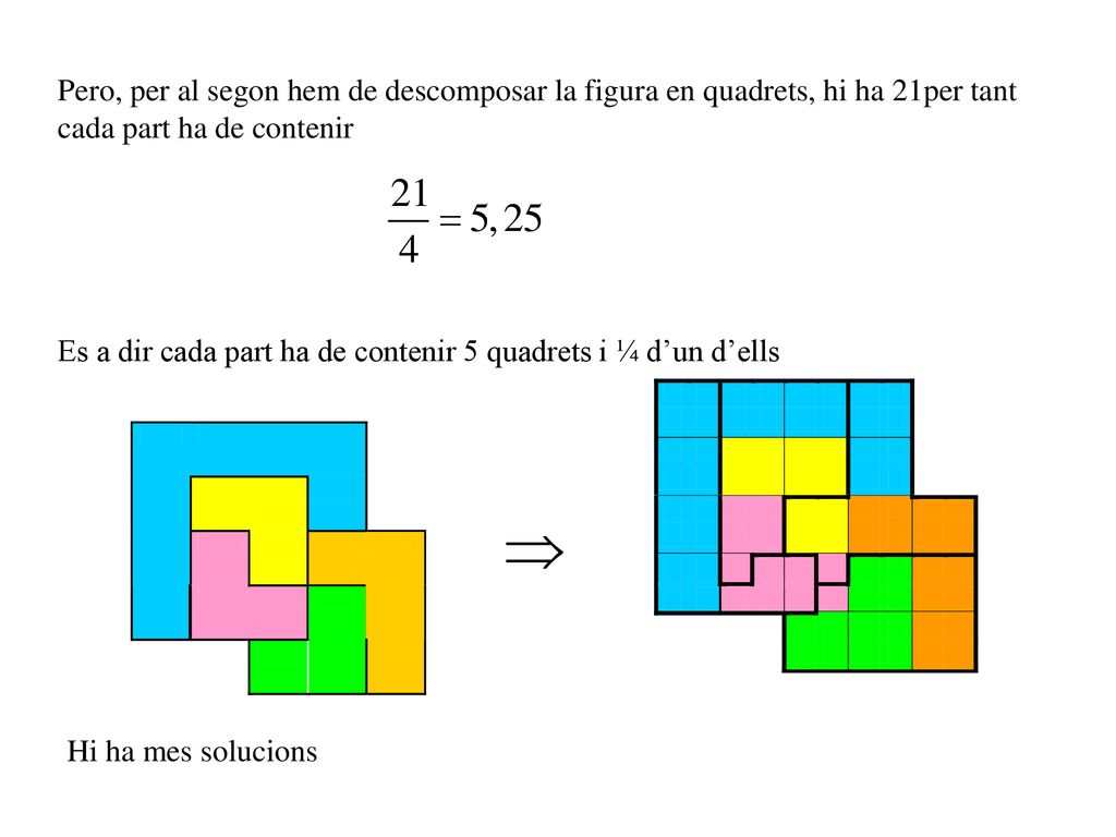 Pero, per al segon hem de descomposar la figura en quadrets, hi ha 21per tant cada part ha de contenir