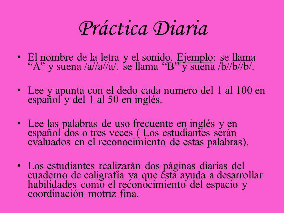 Práctica Diaria El nombre de la letra y el sonido. Ejemplo: se llama A y suena /a//a//a/, se llama B y suena /b//b//b/.