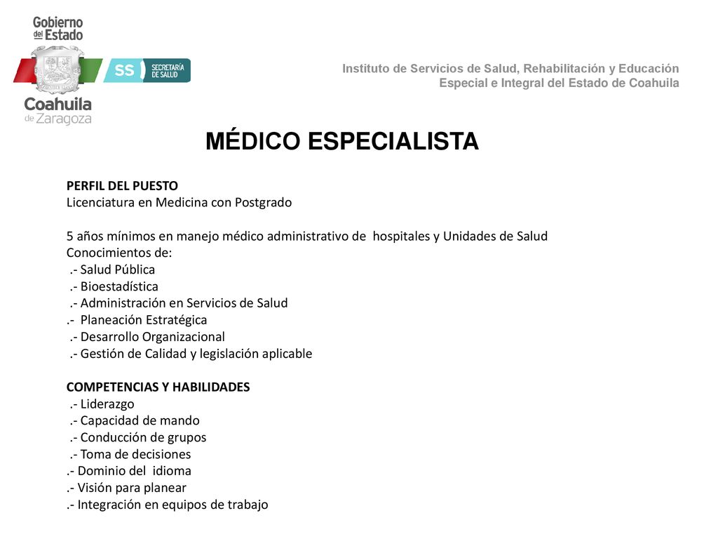 MÉDICO ESPECIALISTA PERFIL DEL PUESTO