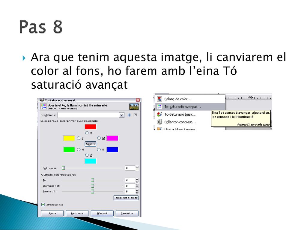 Pas 8 Ara que tenim aquesta imatge, li canviarem el color al fons, ho farem amb l’eina Tó saturació avançat.