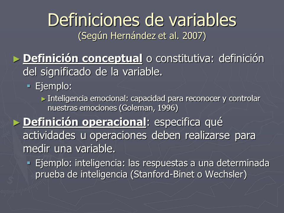 Definiciones de variables (Según Hernández et al. 2007)