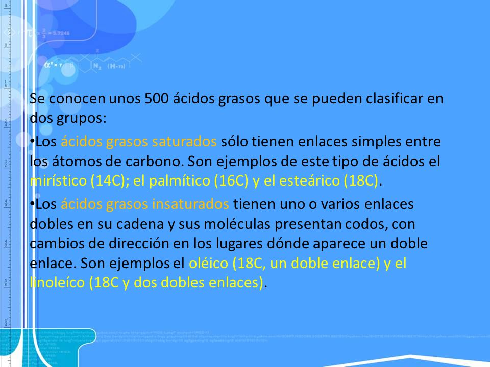 Se conocen unos 500 ácidos grasos que se pueden clasificar en dos grupos: