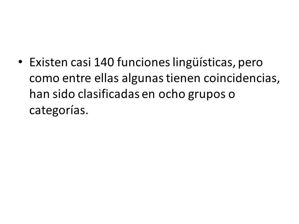 Existen casi 140 funciones lingüísticas, pero como entre ellas algunas tienen coincidencias, han sido clasificadas en ocho grupos o categorías.