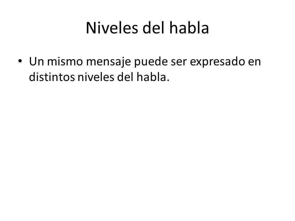 Niveles del habla Un mismo mensaje puede ser expresado en distintos niveles del habla.