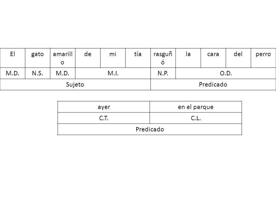 El gato. amarillo. de. mi. tía. rasguñó. la. cara. del. perro. M.D. N.S. M.I. N.P. O.D.
