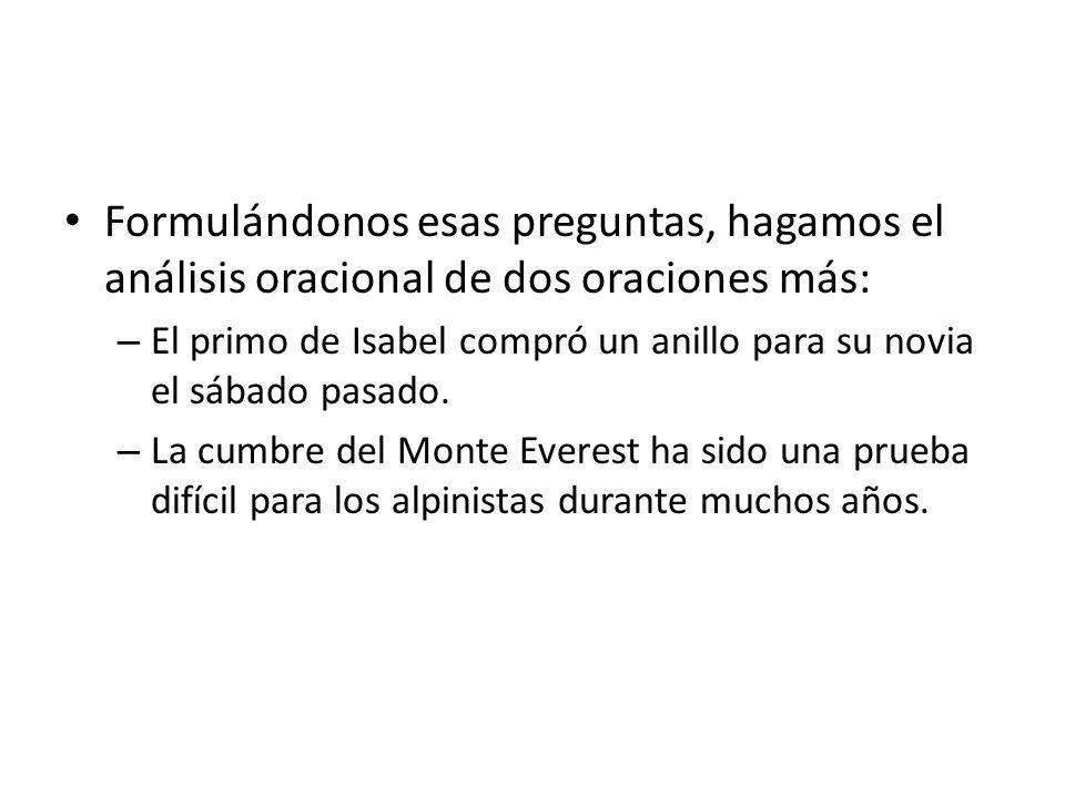 Formulándonos esas preguntas, hagamos el análisis oracional de dos oraciones más: