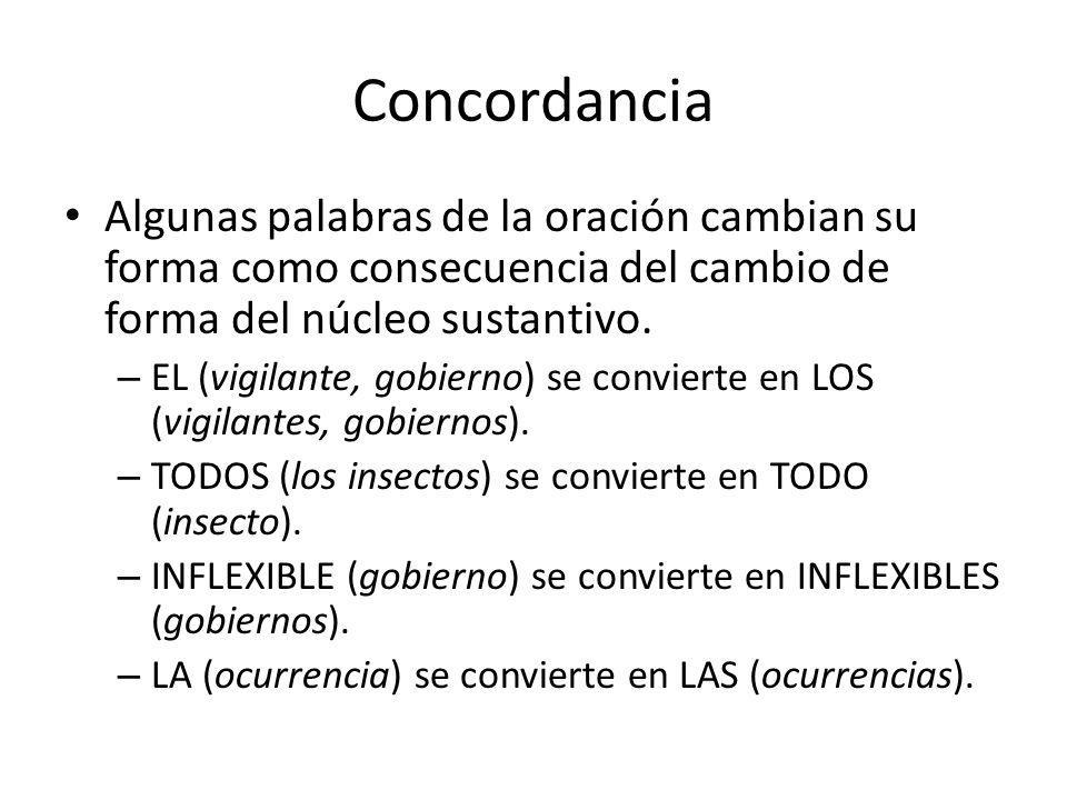 Concordancia Algunas palabras de la oración cambian su forma como consecuencia del cambio de forma del núcleo sustantivo.
