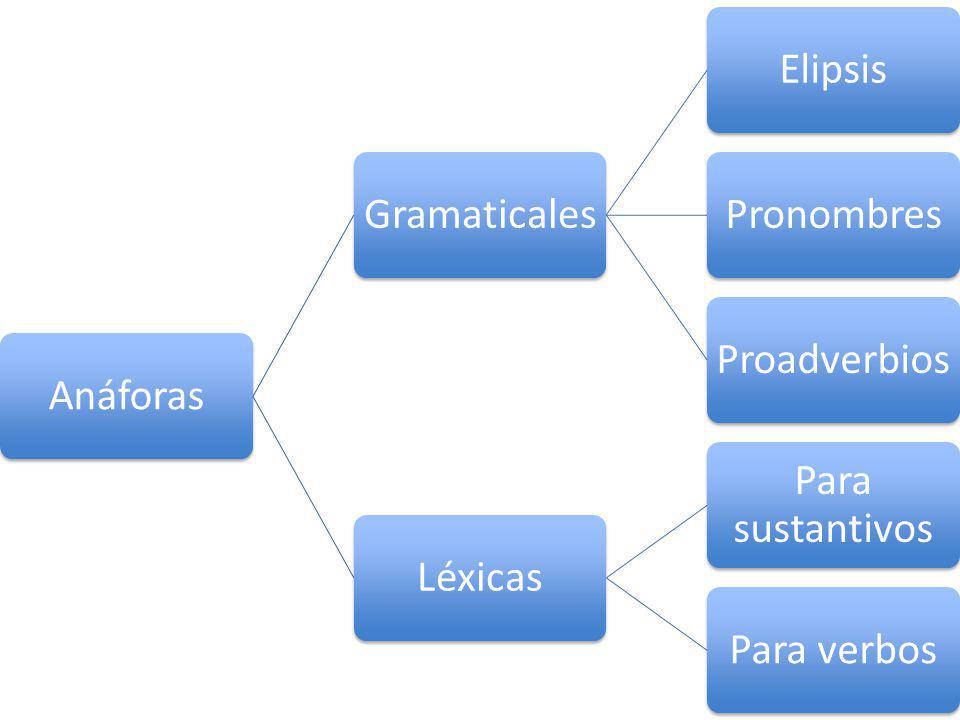 Anáforas Gramaticales Elipsis Pronombres Proadverbios Léxicas Para sustantivos Para verbos