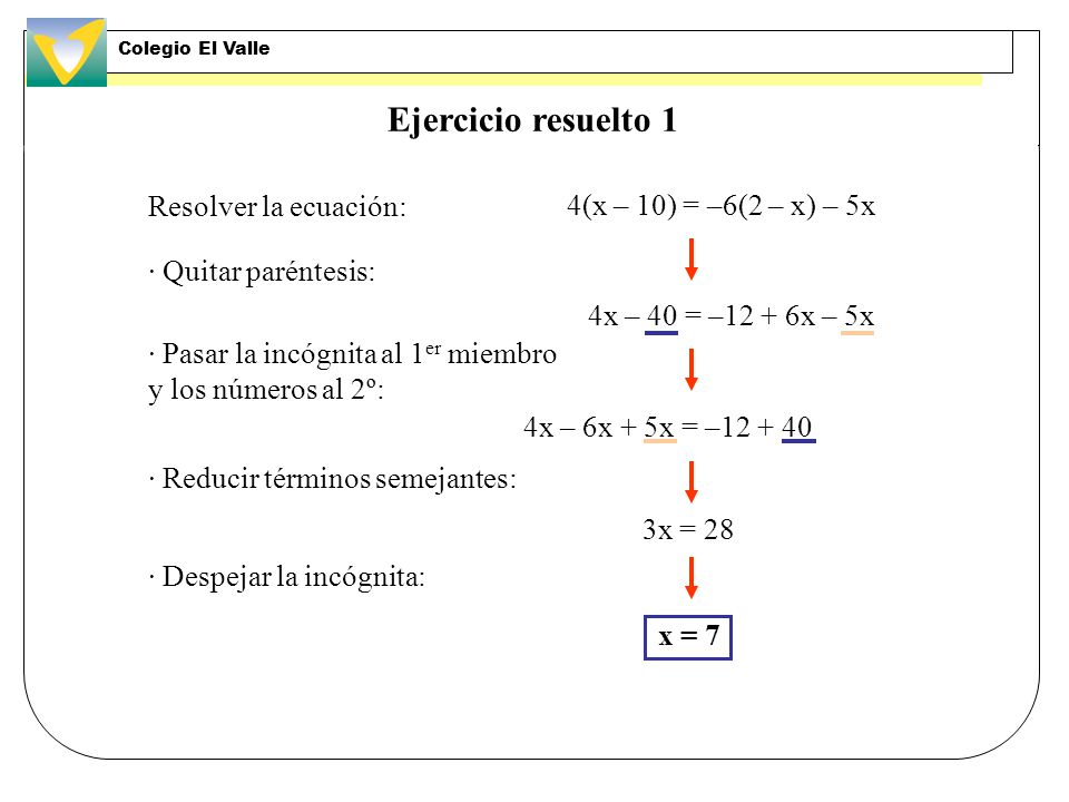 Ejercicio resuelto 1 Resolver la ecuación: 4(x – 10) = –6(2 – x) – 5x