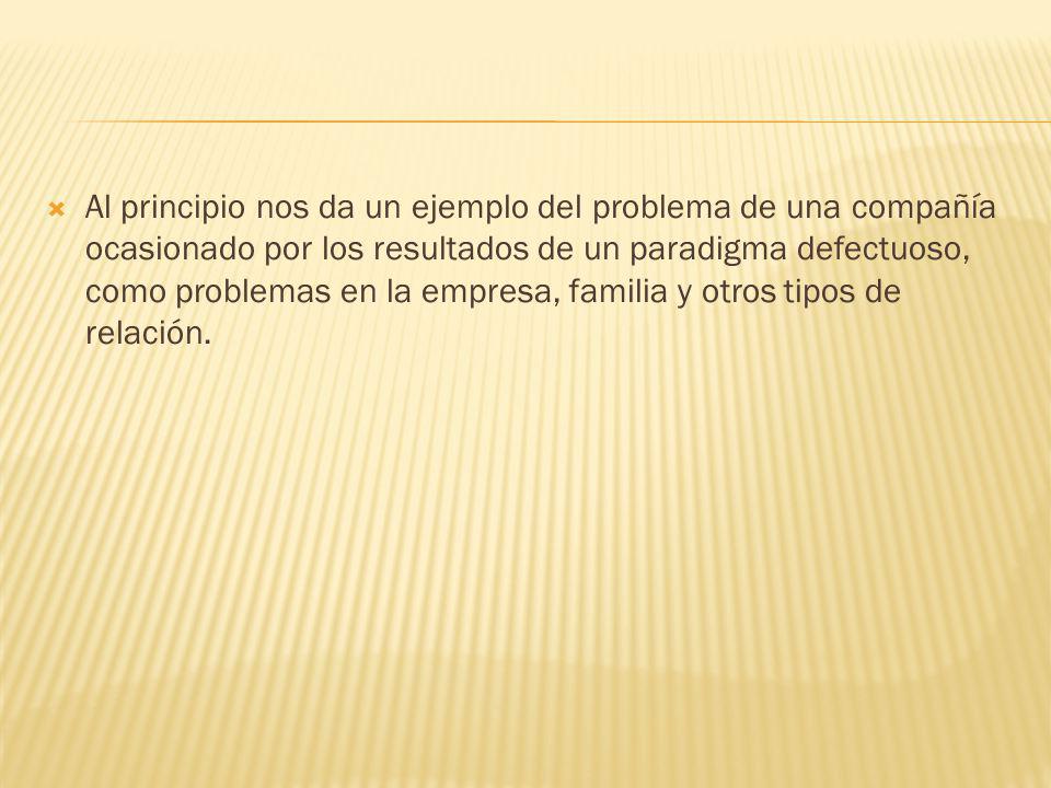 Al principio nos da un ejemplo del problema de una compañía ocasionado por los resultados de un paradigma defectuoso, como problemas en la empresa, familia y otros tipos de relación.