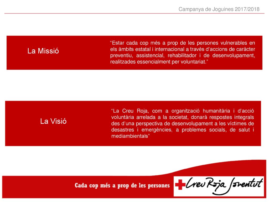 La Missió La Visió La Visió La Visió Campanya de Joguines 2017/2018
