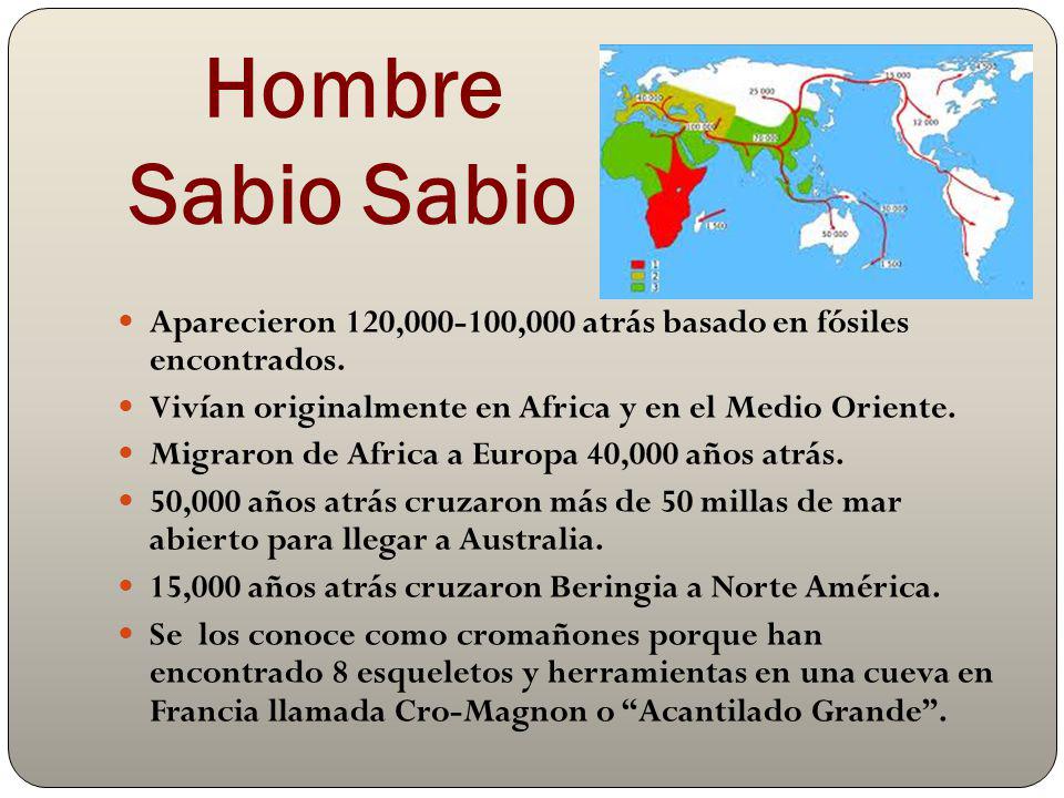Hombre Sabio Sabio Aparecieron 120, ,000 atrás basado en fósiles encontrados. Vivían originalmente en Africa y en el Medio Oriente.