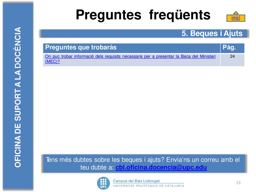 Preguntes freqüents OFICINA DE SUPORT A LA DOCÈNCIA 5. Beques i Ajuts
