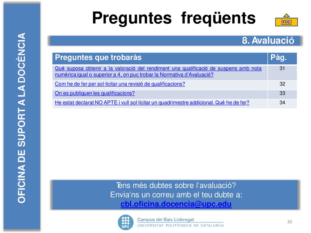 Preguntes freqüents OFICINA DE SUPORT A LA DOCÈNCIA 8. Avaluació