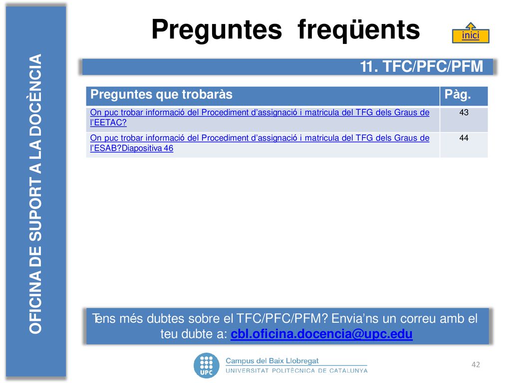 Preguntes freqüents OFICINA DE SUPORT A LA DOCÈNCIA 11. TFC/PFC/PFM
