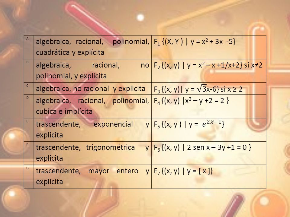 algebraica, racional, polinomial, cuadrática y explícita