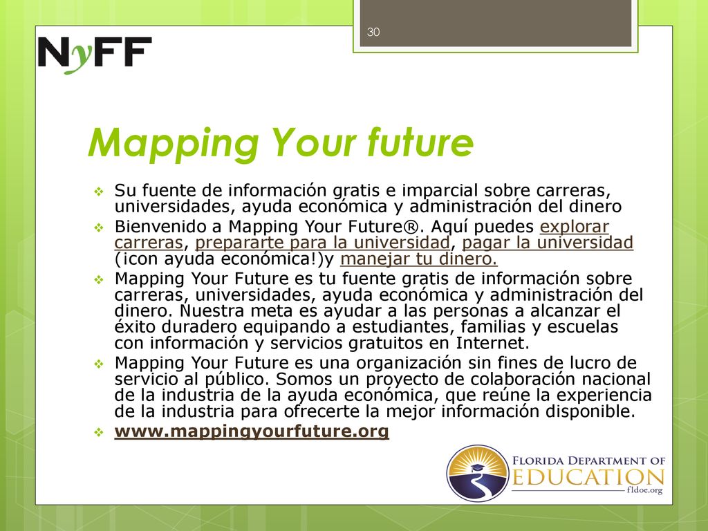 Mapping Your future Su fuente de información gratis e imparcial sobre carreras, universidades, ayuda económica y administración del dinero.