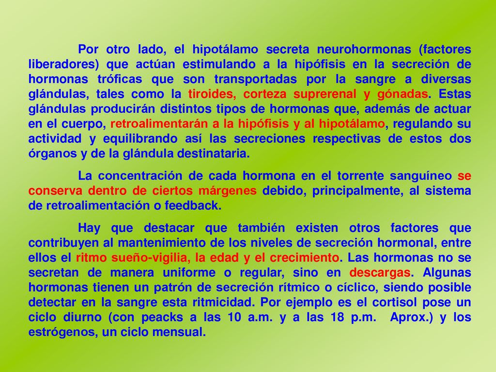 Por otro lado, el hipotálamo secreta neurohormonas (factores liberadores) que actúan estimulando a la hipófisis en la secreción de hormonas tróficas que son transportadas por la sangre a diversas glándulas, tales como la tiroides, corteza suprerenal y gónadas. Estas glándulas producirán distintos tipos de hormonas que, además de actuar en el cuerpo, retroalimentarán a la hipófisis y al hipotálamo, regulando su actividad y equilibrando así las secreciones respectivas de estos dos órganos y de la glándula destinataria.