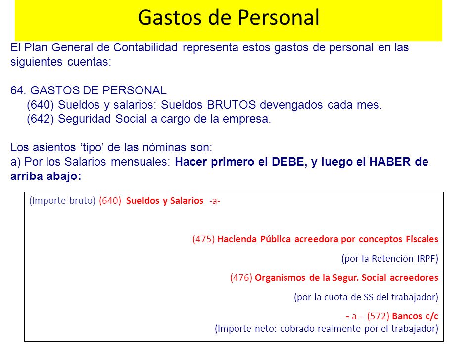 Gastos de Personal El Plan General de Contabilidad representa estos gastos de personal en las siguientes cuentas: