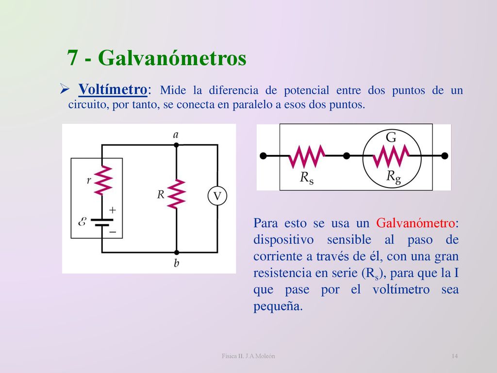 7 - Galvanómetros Voltímetro: Mide la diferencia de potencial entre dos puntos de un circuito, por tanto, se conecta en paralelo a esos dos puntos.