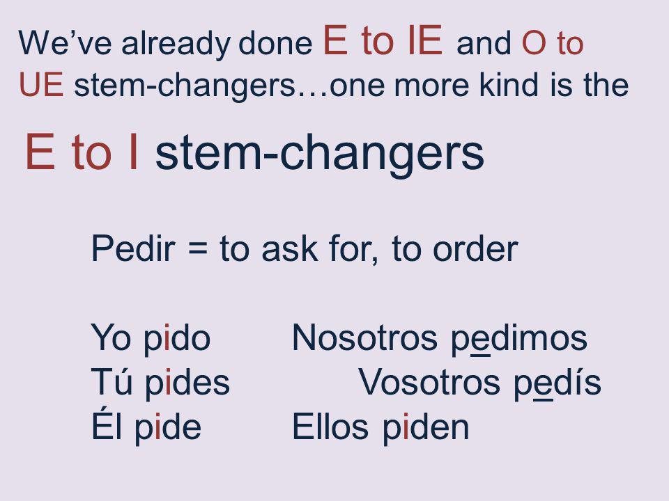 E to I stem-changers Pedir = to ask for, to order