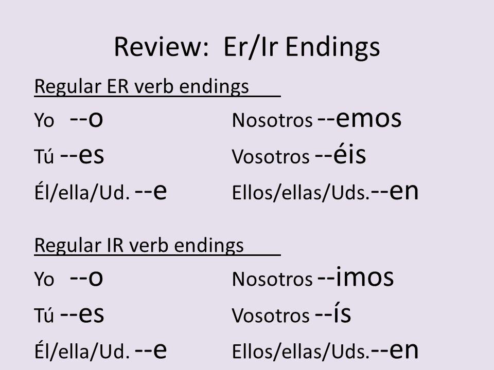 Review: Er/Ir Endings Regular ER verb endings Yo --o Nosotros --emos