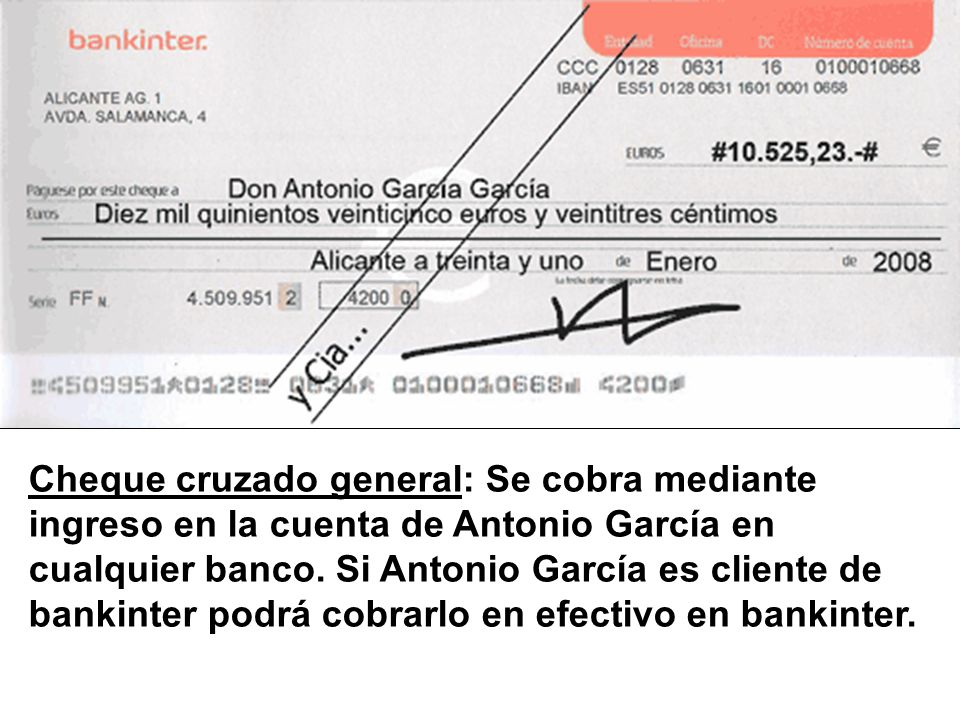 Cheque cruzado general: Se cobra mediante ingreso en la cuenta de Antonio García en cualquier banco.