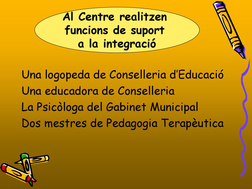 Al Centre realitzen funcions de suport. a la integració. Una logopeda de Conselleria d’Educació. Una educadora de Conselleria.