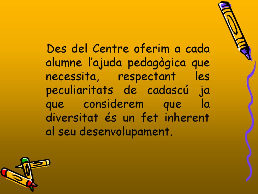 Des del Centre oferim a cada alumne l’ajuda pedagògica que necessita, respectant les peculiaritats de cadascú ja que considerem que la diversitat és un fet inherent al seu desenvolupament.