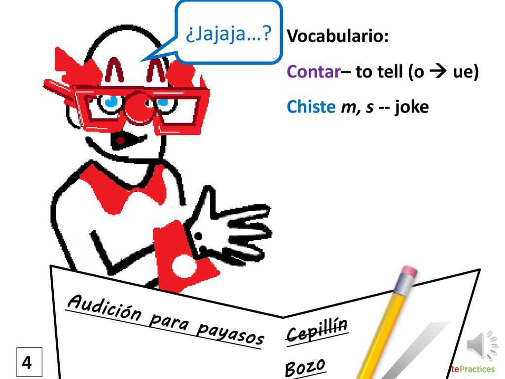¿Jajaja… Vocabulario: Contar– to tell (o  ue) Chiste m, s -- joke