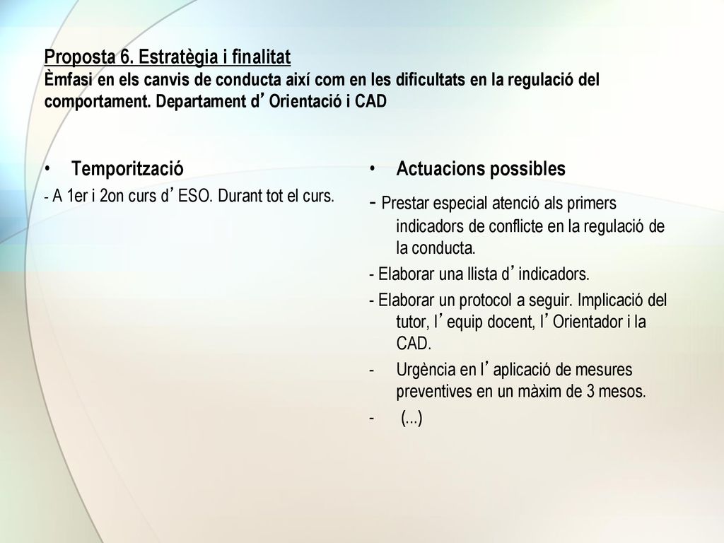 Proposta 6. Estratègia i finalitat Èmfasi en els canvis de conducta així com en les dificultats en la regulació del comportament. Departament d’Orientació i CAD