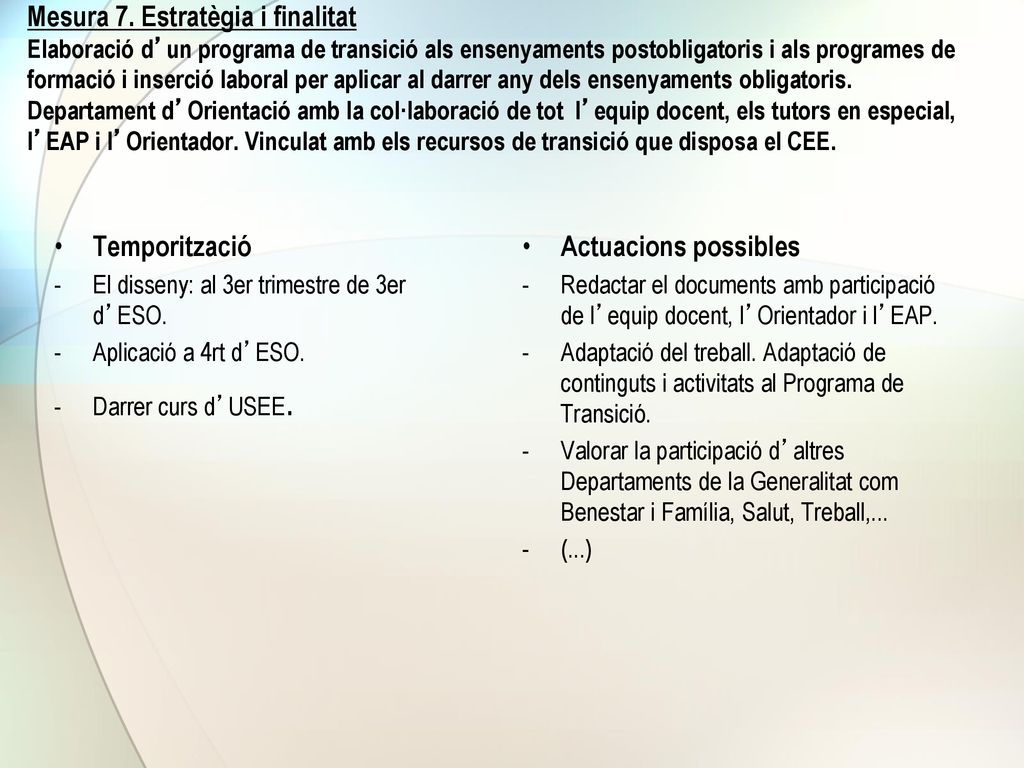 Mesura 7. Estratègia i finalitat Elaboració d’un programa de transició als ensenyaments postobligatoris i als programes de formació i inserció laboral per aplicar al darrer any dels ensenyaments obligatoris. Departament d’Orientació amb la col·laboració de tot l’equip docent, els tutors en especial, l’EAP i l’Orientador. Vinculat amb els recursos de transició que disposa el CEE.