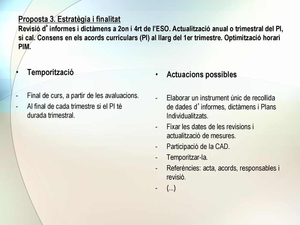Proposta 3. Estratègia i finalitat Revisió d’informes i dictàmens a 2on i 4rt de l’ESO. Actualització anual o trimestral del PI, si cal. Consens en els acords curriculars (PI) al llarg del 1er trimestre. Optimització horari PIM.