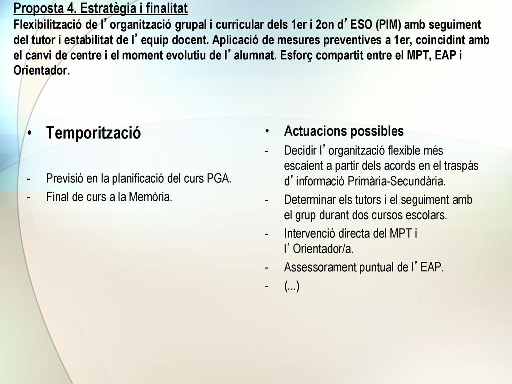 Proposta 4. Estratègia i finalitat Flexibilització de l’organització grupal i curricular dels 1er i 2on d’ESO (PIM) amb seguiment del tutor i estabilitat de l’equip docent. Aplicació de mesures preventives a 1er, coincidint amb el canvi de centre i el moment evolutiu de l’alumnat. Esforç compartit entre el MPT, EAP i Orientador.