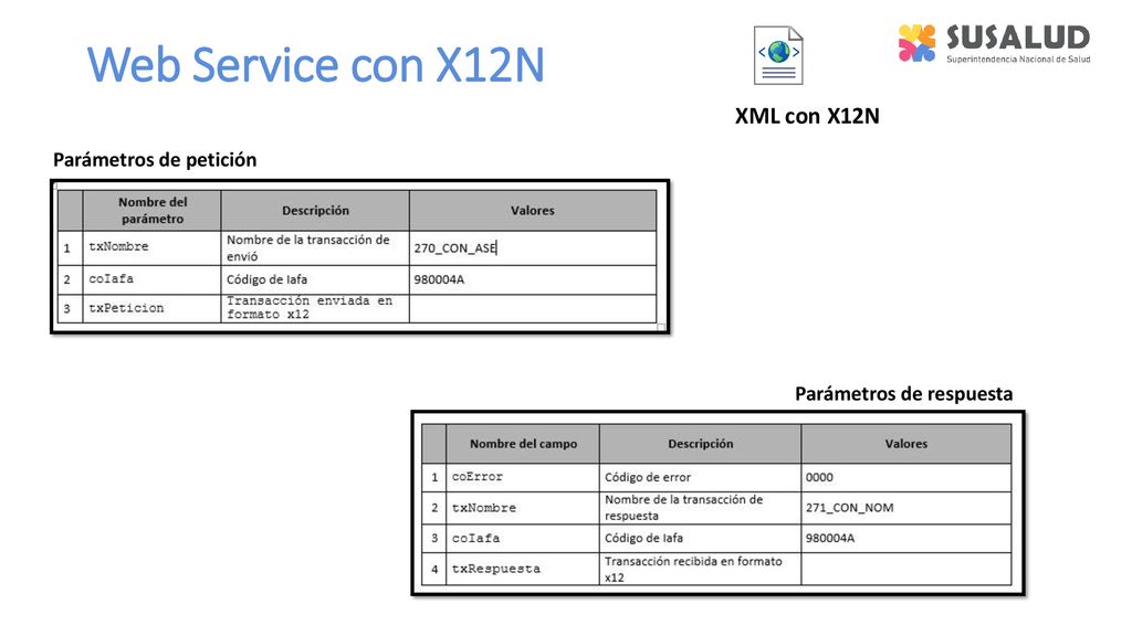 Web Service con X12N Parámetros de petición Parámetros de respuesta