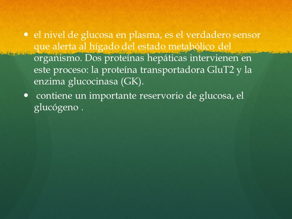 el nivel de glucosa en plasma, es el verdadero sensor que alerta al hígado del estado metabólico del organismo. Dos proteínas hepáticas intervienen en este proceso: la proteína transportadora GluT2 y la enzima glucocinasa (GK).
