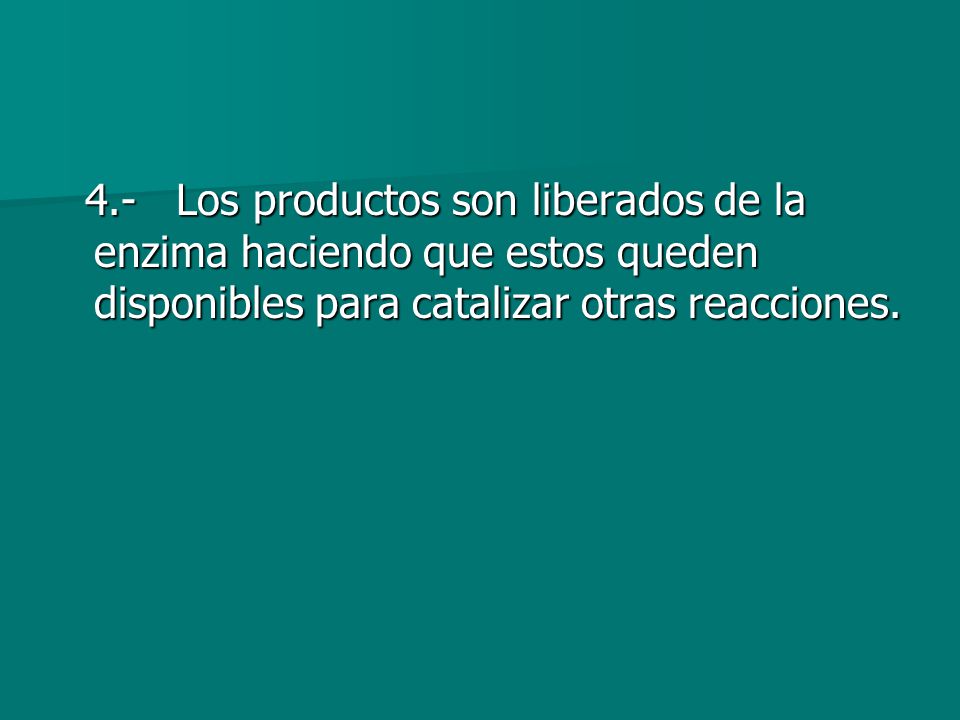 4.- Los productos son liberados de la enzima haciendo que estos queden disponibles para catalizar otras reacciones.