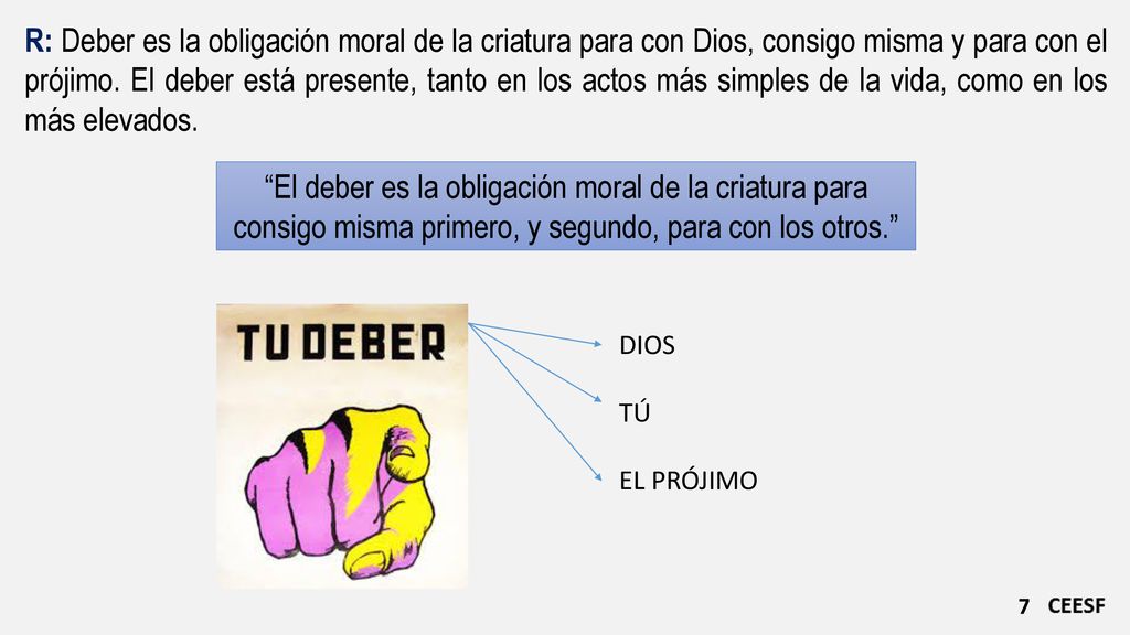 R: Deber es la obligación moral de la criatura para con Dios, consigo misma y para con el prójimo. El deber está presente, tanto en los actos más simples de la vida, como en los más elevados.