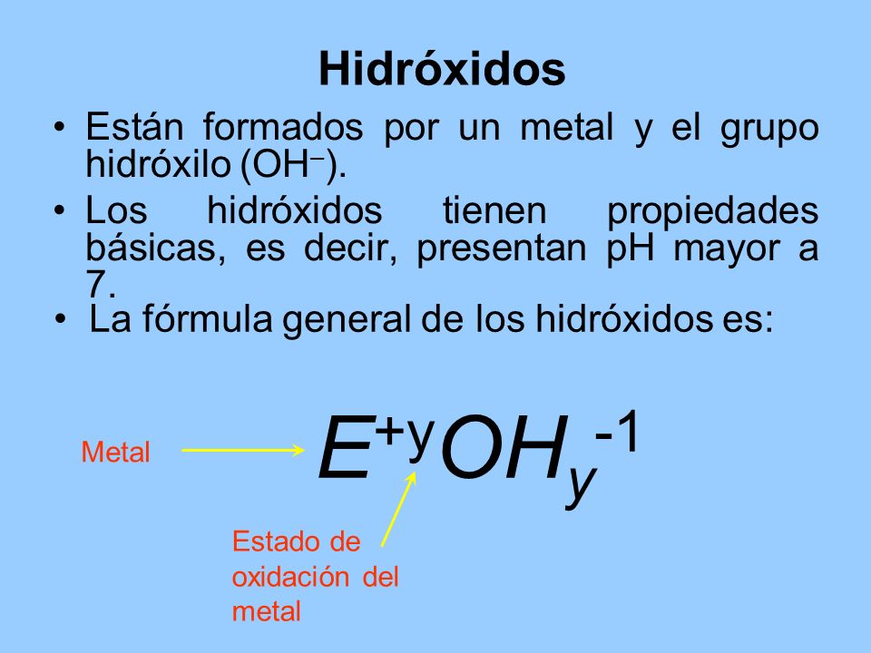 Hidróxidos Están formados por un metal y el grupo hidróxilo (OH–). Los hidróxidos tienen propiedades básicas, es decir, presentan pH mayor a 7.
