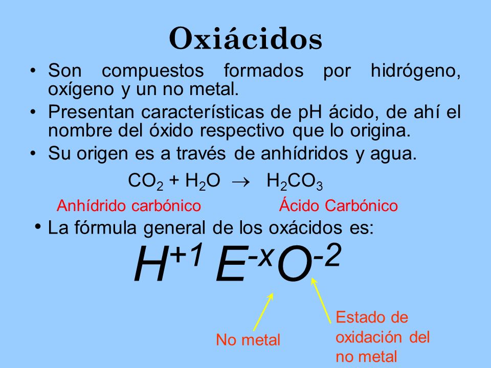 Oxiácidos La fórmula general de los oxácidos es: H+1 E-xO-2