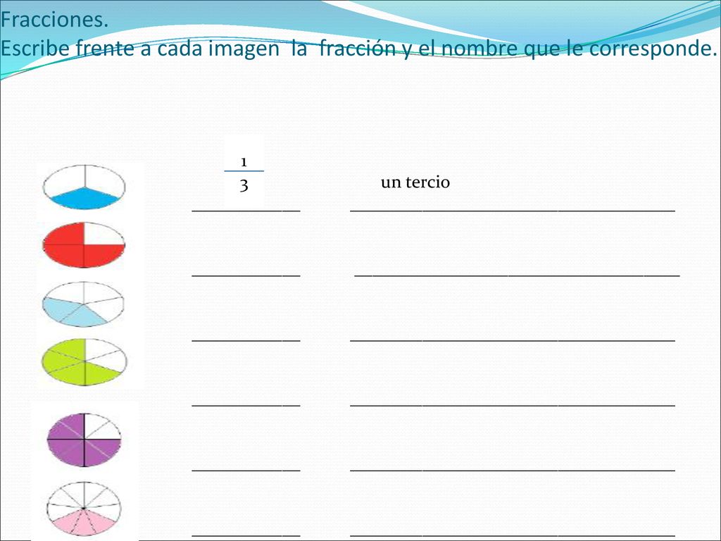 Fracciones. Escribe frente a cada imagen la fracción y el nombre que le corresponde.